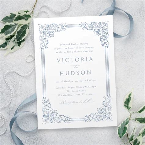 Dusty Blue Vintage Frame Elegant Wedding Invitation | Zazzle