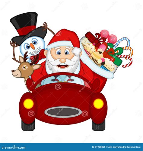 Santa Claus Driving A Red Car Along With Reindeer Snowman And Brings