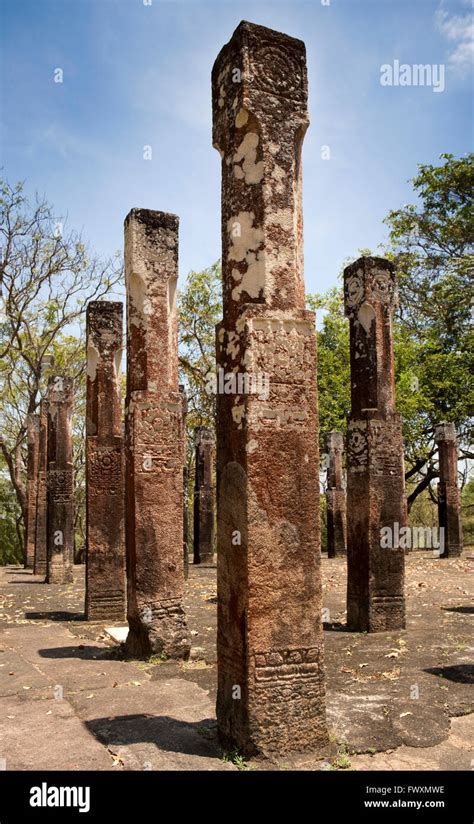 Sri Lanka Polonnaruwa Carved Stone Pillars Opposite Lankatilaka