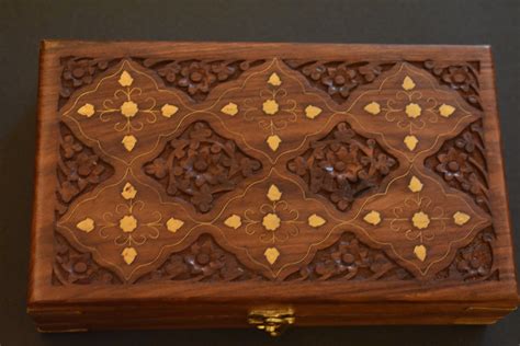 Hand Carved Wood Jewellery Box With Brass Inlay Etsy