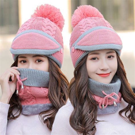 Buy Pdto 3pcs Women Beanie Hat Knitted Pom Pom Scarf Mask Set Winter