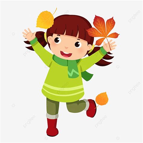 Chica De Otoño De Dibujos Animados En Ropa De Otoño Con Hojas PNG