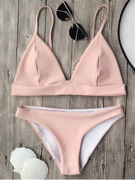 Off Cami Plunge Bralette Bikini Top And Bottoms In Pink Zaful