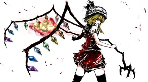 Blonde Hair Fang Fire Flandre Scarlet Hat Morise Polychromatic Red Eyes Thighhighs Touhou