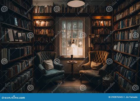 Old Library Interior with Bookshelf, Armchair and Coffee Table Stock ...