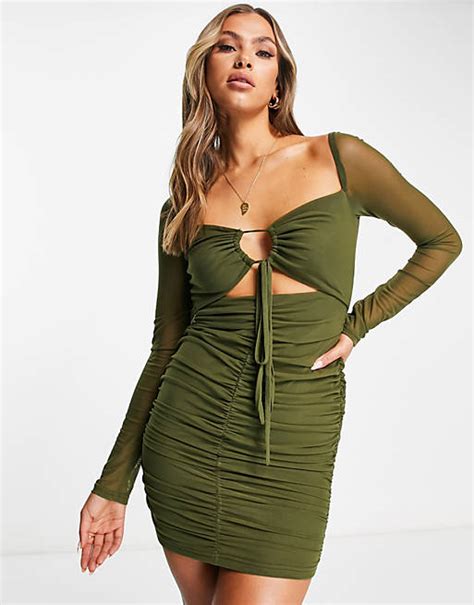 Naanaa Strap Detail Long Sleeve Bodycon Dress In Khaki Asos