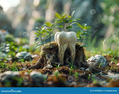 Root Of Tooth Is Growing On The Ground A White Tooth Symbol Is Growing