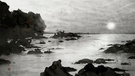 水墨画 墨一筆 日の出 風景画海朝日初日の出sunrise