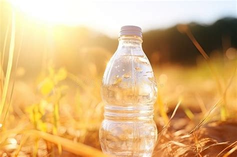 Plastic Water Bottle Dripping Hot Summer Day On Blurred Rustic Harvest Background Sun Shines