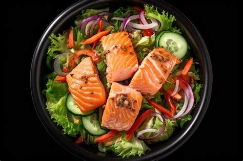 Premium Ai Image A Black Bowl Filled With Salmon And Vegetables