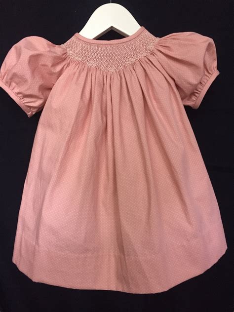 Hand Smocked Bishop Dress In Dusty Pink With White Spots And Puffed