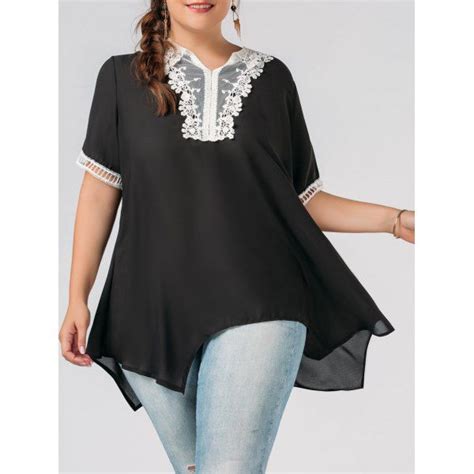 Plus Size Lace Trim Chiffon Flowy Asymmetric Blouse Black