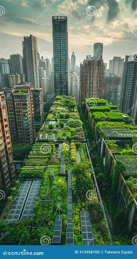 Garden On A Rooftop Integrated Solar Panels Luxuriant Green Amidst