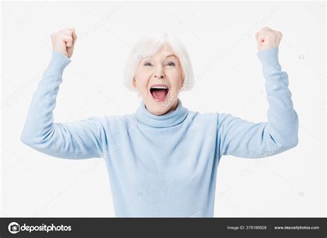 Excited Mature Lady Feel Euphoric Winning Isolated White Studio Background Stock Photo