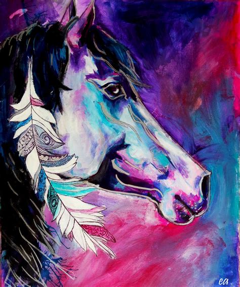 Native American Horse with Feather Original Art Print by artbyea