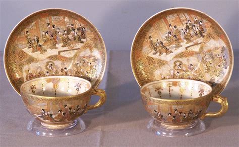 7827 Mejii Enameled Japanese Satsuma Porcelain Cups And Saucers For