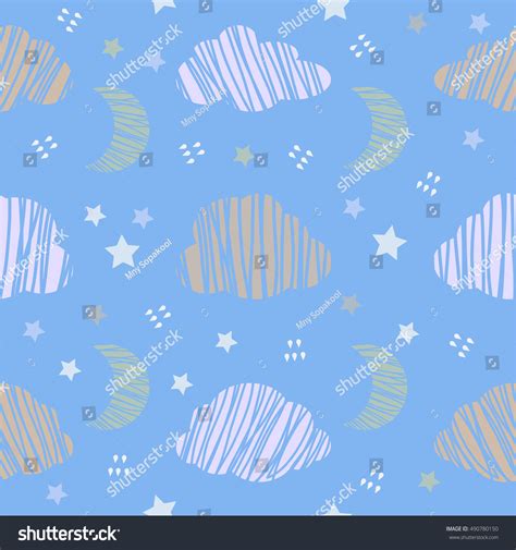 Seamless Night Sky Clouds Moonstar Pattern Stock Vector Royalty Free