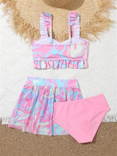 Girls Swirl Pattern Ruffle Hem Bikini Swimsuit With Beach Skirt SHEIN USA