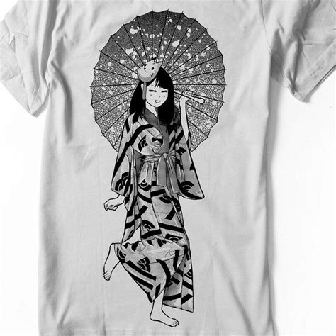 Anime Girl T Shirt Manga Japanese Umbrella Kimono Yukata Kawaii Unisex