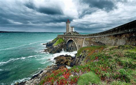 Lighthouse, sea, coast, rocks, France, Brittany, Finistere, HD ...