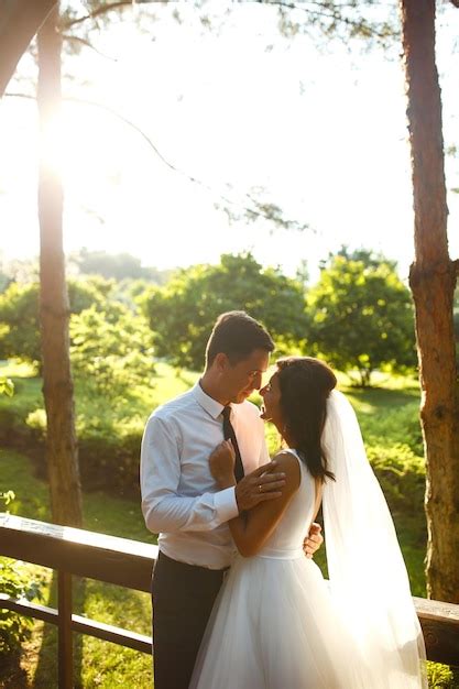 Encantadora Pareja De Novios Al Atardecer Novia Novio En Traje De Novia