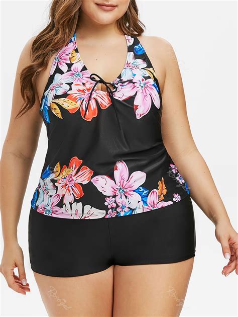 Plus Size Halter Open Back Floral Print Tankini Swimwear [34 Off