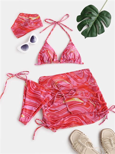 SHEIN Swim Vcay 4pack Fluid Pattern Halter Bikini Swimsuit Beach