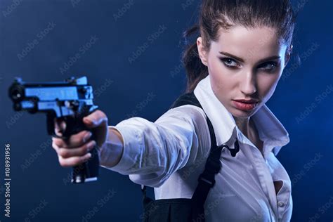 Beautiful Sexy Girl Holding Gun Smoke Background 스톡 사진 Adobe Stock