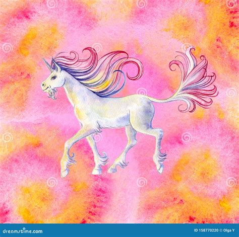 Walking Unicorn With Flowing Mane And Tail Against Of A Spiral Pink