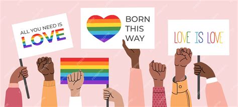 Premium Vector People Holding Lgbt Posters Symbols Signs And Flags