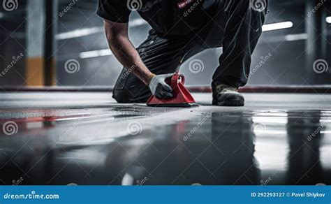 The Worker Applies Gray Epoxy Resin To New Floor Stock Image Image Of