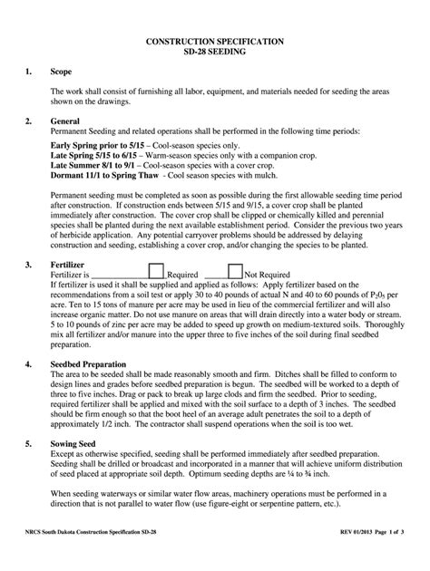 Fillable Online Nrcs Usda CONSTRUCTION SPECIFICATION SD 28 SEEDING 1