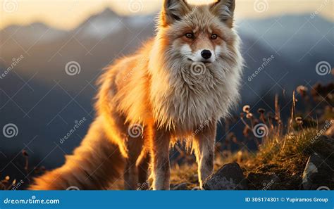 Cute Red Fox Sitting In Snow Looking At Sunset Generated By AI Stock