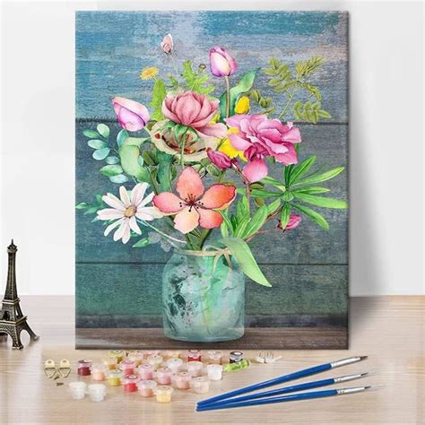 Peinture par numéros pour adultes débutants fleurs roses DIY Peinture