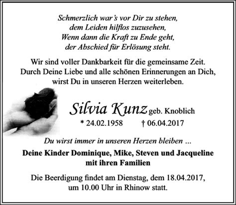 Traueranzeigen Von Silvia Kunz Trauer Anzeigen De