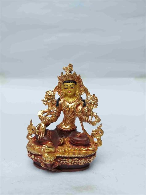 Buddhist Miniature Statue Of Green Tara With Throne Partly Gold Plated