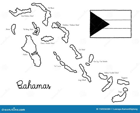 Bahamas Country Map Flag Vector Illustration Hand Drawn Cartoon Art