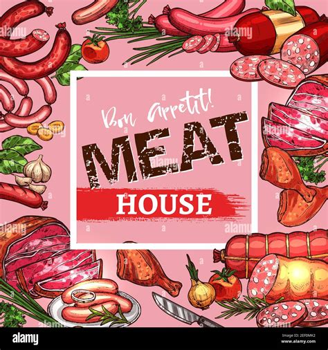 Meat House Menu Or Poster Sketch Design Template Of Meat Delicatessen