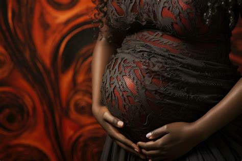 AI generated Pregnant woman in black dress on a dark background. Close ...