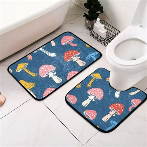 2 Pcs Cute Colorful Mushrooms Bathroom Rugs set Non-Slip Absorbent Bath Mat Soft U-Shaped Toilet ...