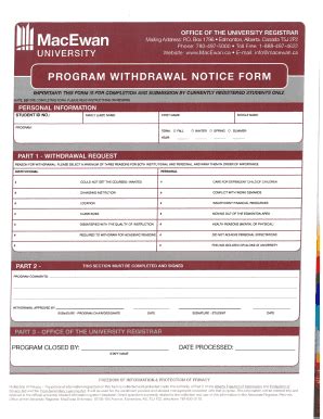 Fillable Online Program Withdrawal Form Pdf Faculty Of Graduate