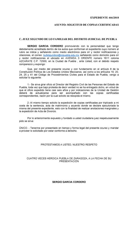 Oficio Copias Certificadas Expediente 466 Asunto Solicitud De