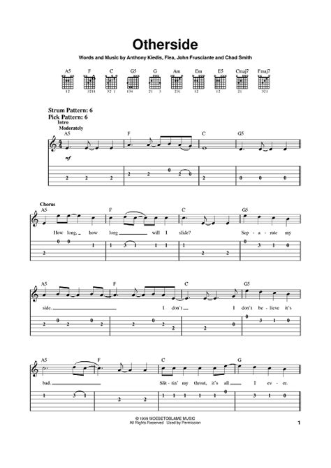 Otherside Sheet Music By Red Hot Chili Peppers For Easy Guitar Tab Sheet Music Now