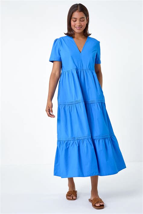 Blue Plain Cotton Tiered Maxi Dress Roman Uk