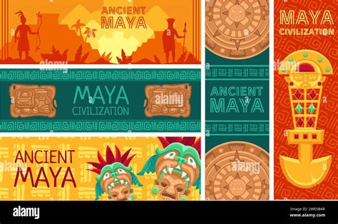 Maya Civilization Banners Ancient Mayan Calendar Pyramids And