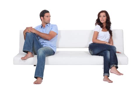 Couple Sitting Apart In Couch After Quarrel Split Minimalist Woman