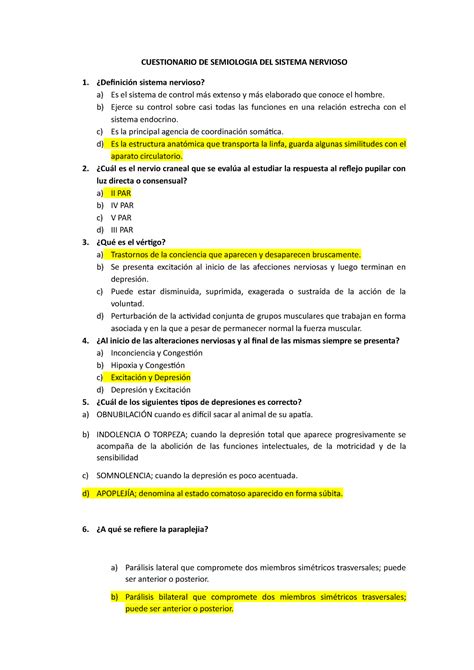 Cuestionario Semiolog A Sistema Nervioso Cuestionario De Semiologia