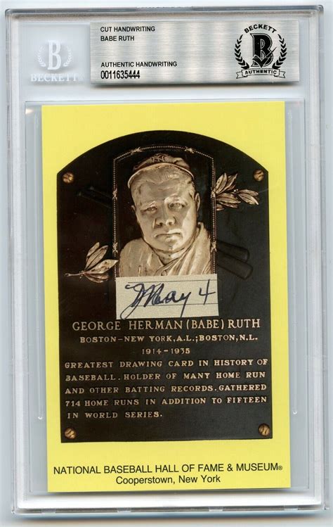 Babe Ruth May Signed Cut Handwriting Hof Plaque Bas Beckett Bgs Ebay