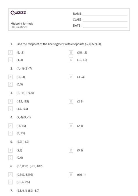 Midpoint Formula Worksheets For Th Class On Quizizz Free