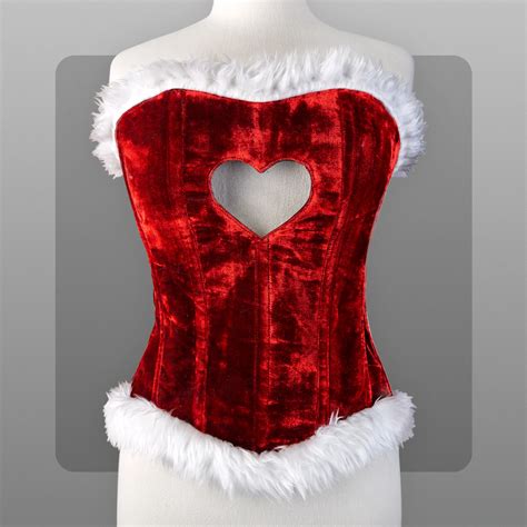 Red Christmas Corset Top Sexy Lingerie With White Feather Trimming Heart Cutout Overbust